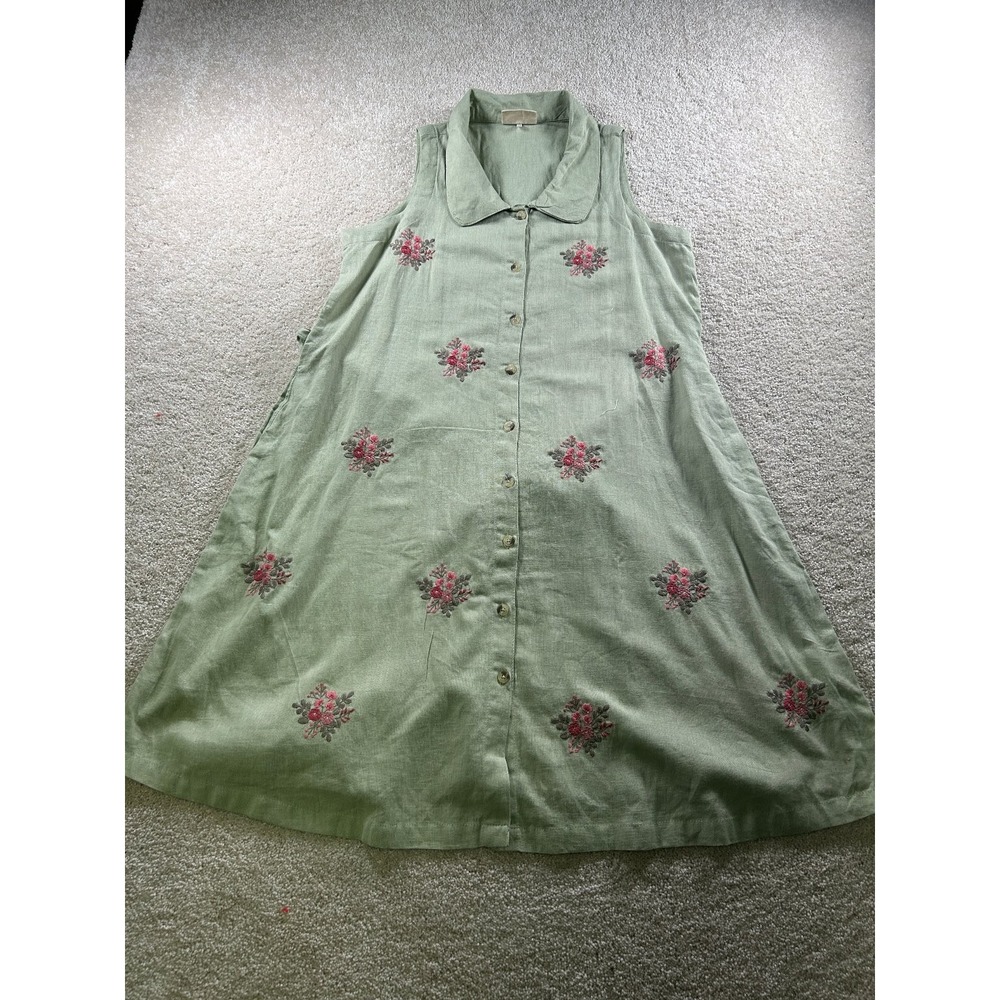 Bombay Paisley Dress M Green Linen Cotton‎ Floral Embroidered Beachy Coastal